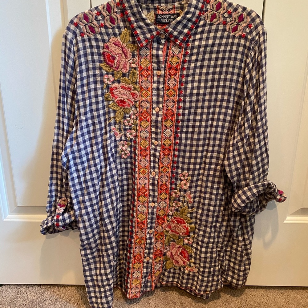 JOHNNY WAS WORKSHOP GINGHAM EMBROIDERY SHIRT